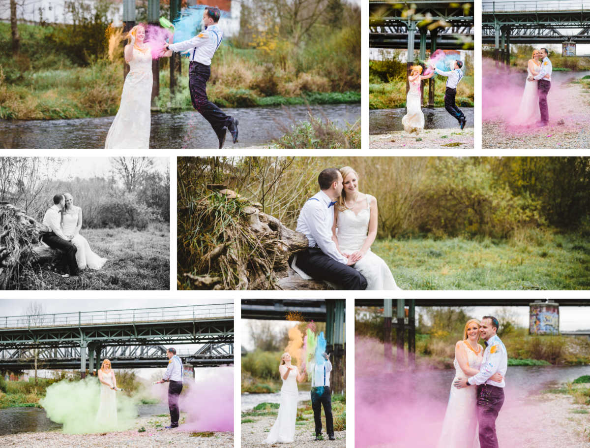 Brautpaar im Freien mit Farbpulver-  After Wedding Shooting